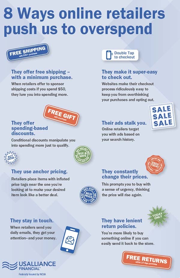 A graphic of 8 different ways retailers try to get you to spend more.