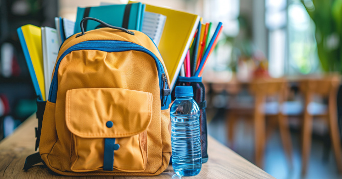 Yellow backpack with blue accents on a table next to a water bottle and containers of pencils.