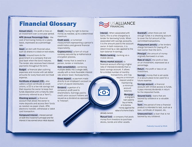 A graphic of a open book, with various financial terms listed.
