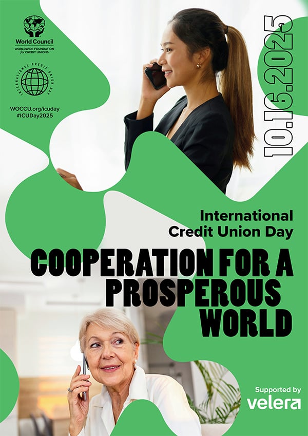 International Credit Union Day Poster-Cooperation for a prosperous world, is written ontop of two people on the phone.