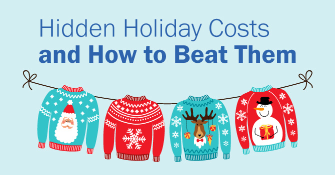Festive illustration of five holiday sweaters on a clothesline with the text "Hidden Holiday Costs and How to Beat Them.