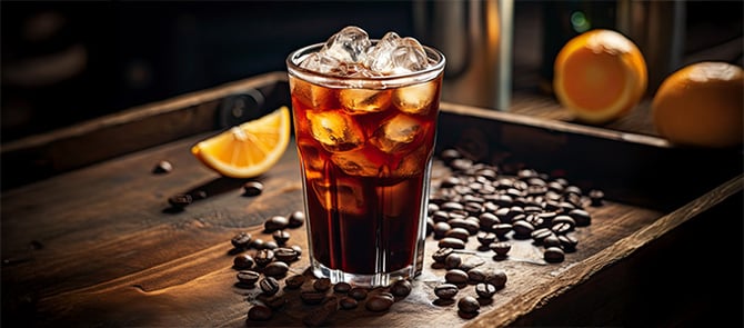 A iced cold brew coffee on a table.