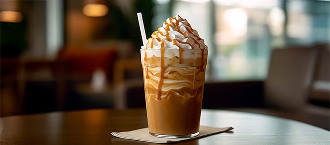 A latte with whipped cream and a caramel drizzle on a table.