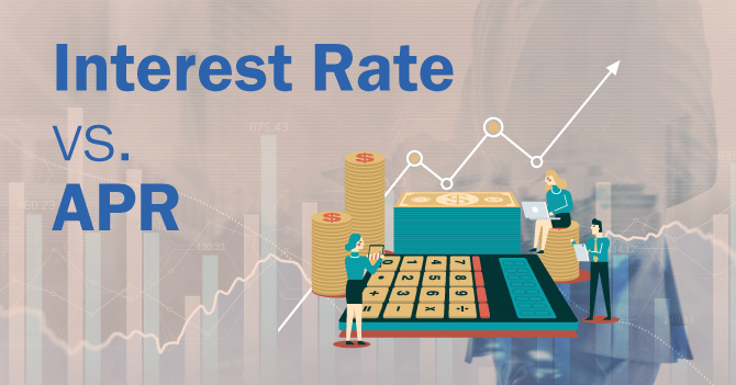 Interest Rate vs. APR illustration with a financial theme, including a calculator, coins, graphs, and stylized figures.