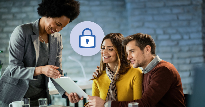 Three people looking at a tablet with a lock symbol overlay.