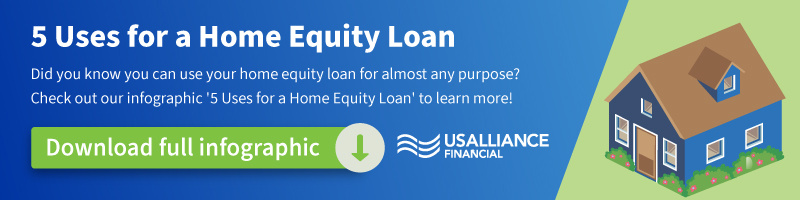 Banner for home equity loan with text and blue house illustration.