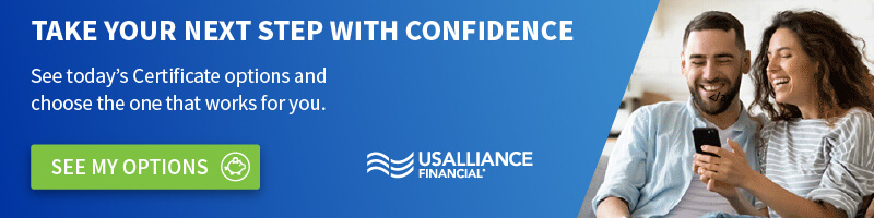 A couple looking at a phone screen, Take your next step with confidence. See todays Certificate options and choose the one that works for you. See my options.