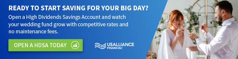 A married couple eat their wedding cake with the words, "Ready to start saving for your big day? Open a High Dividends Savings Account and watch your wedding fund grow with competitive rates and no maintenance fees."