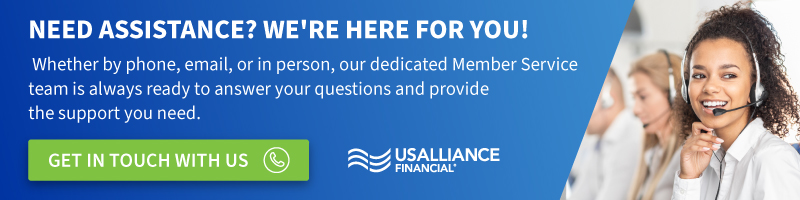 A banner with text offering assistance from USALLIANCE Financial, featuring a smiling customer service representative and a "Get in touch with us" button.