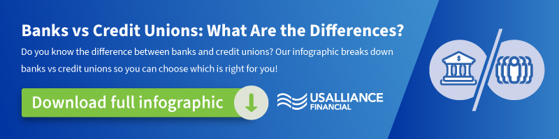 Promotional banner for infographic titled 'Banks vs Credit Unions: What Are the Differences?' with a download button and USALLIANCE Financial logo.