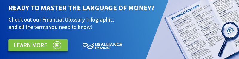 An image of a book with the words, 'Ready to master the language of money? Check out our financial glossary infographic, and all the terms you need to know!"