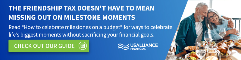 An image of a couple eating dinner together with the words, "Looking for more ways to celebrate without overspending? Read our blog, 'How to Celebrate Milestones on a budget.' Read the Blog."