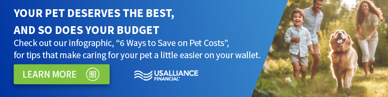 Promotional banner reading “Your pet deserves the best, and so does your budget” with a call to read the full article, alongside a photo of a family running in the park with their dog.
