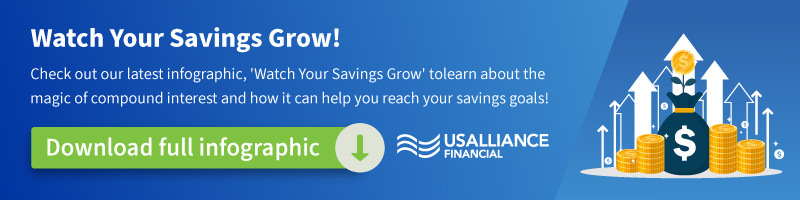 Promotional banner with 'Watch Your Savings Grow!' text and financial illustration.