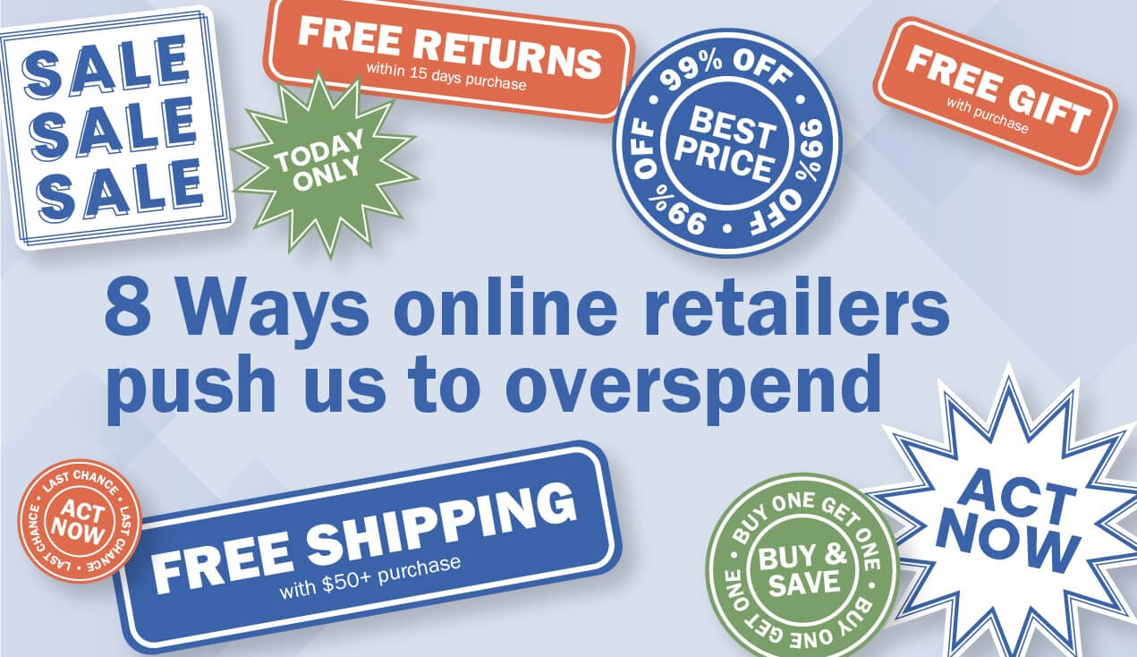 A graphic of 8 different ways retailers try to get you to spend more