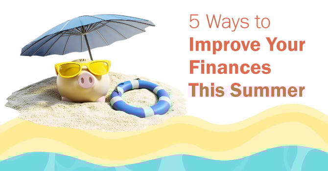 A piggy bank with sunglasses on the beach with the words "5 ways to improve your finances this summer."