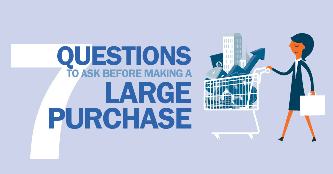 7 Questions to Ask Before Making a Large Purchase with an illustration of a person pushing a shopping cart.