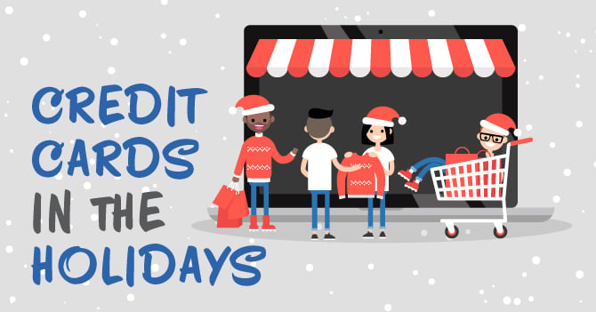 Animated scene of three people in Santa hats shopping online with text "Credit Cards in the Holidays."