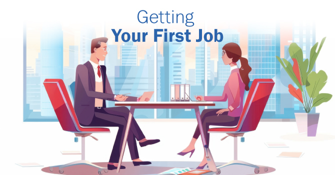 A cartoon graphic of a person in a suit interviewing a perspective employee at a desk.
