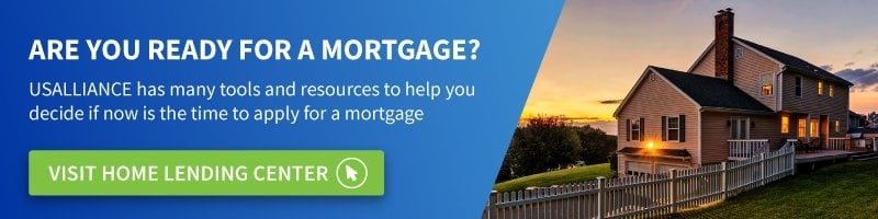 Banner with "Are you ready for a mortgage? USALLIANCE has many tools and resources to help you decide if now is the time to apply for a mortgage" text and button that has the following text "Visit Home Lending Center".